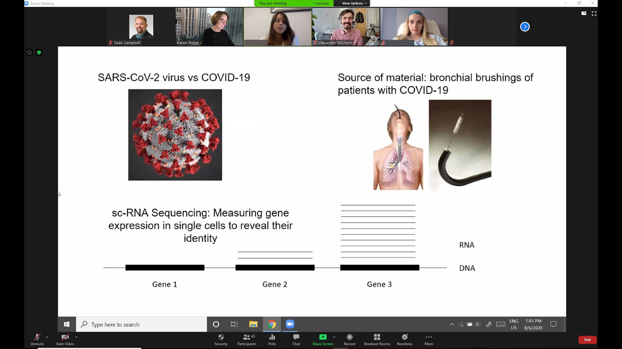 Zoom screenshot showing a slide on Presentation Day titled "SARS-CoV-2 virus vs COVID-19"